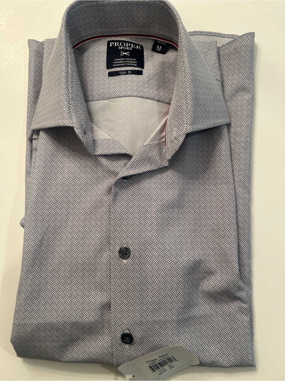 PROPER SPORT Men's Slim Fit Dress Shirt - Light Gray cross-hatch Pattern, sz M